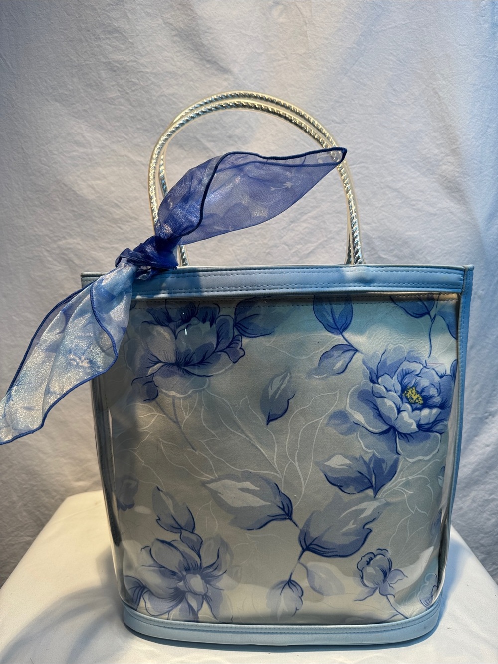 Blue Floral Tote Bag with Sheer Scarf Accent by